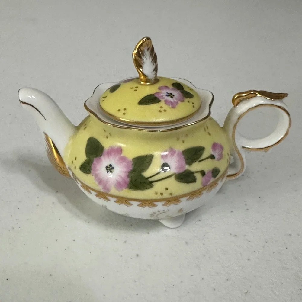 Miniature Decorative Teapot Floral Hand Painted Gold Trim Porcelain Yellow VTG